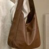 Soft leather tote bag Large capacity brown bucket bag Versatile commuting shoulder bag for women