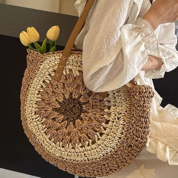 Paper rope hollow out colorful round plate grass woven bag casual beach bag one shoulder fashionable woven bag