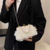 Net Lace Pleated Clutch Evening Handbag Korean Sweet Style Pearl Chain Crossbody Bag