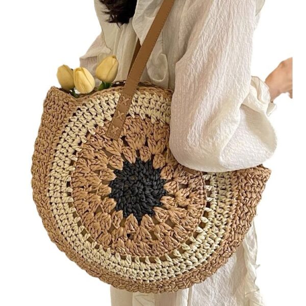 Paper rope hollow out colorful round plate grass woven bag casual beach bag one shoulder fashionable woven bag