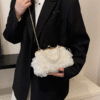 Net Lace Pleated Clutch Evening Handbag Korean Sweet Style Pearl Chain Crossbody Bag