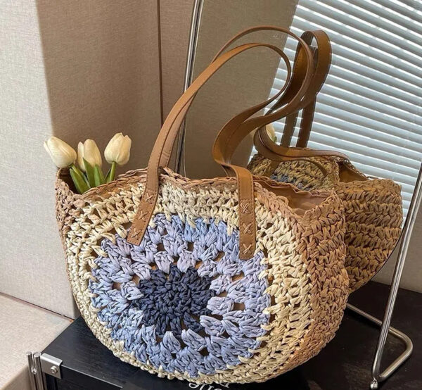 Paper rope hollow out colorful round plate grass woven bag casual beach bag one shoulder fashionable woven bag