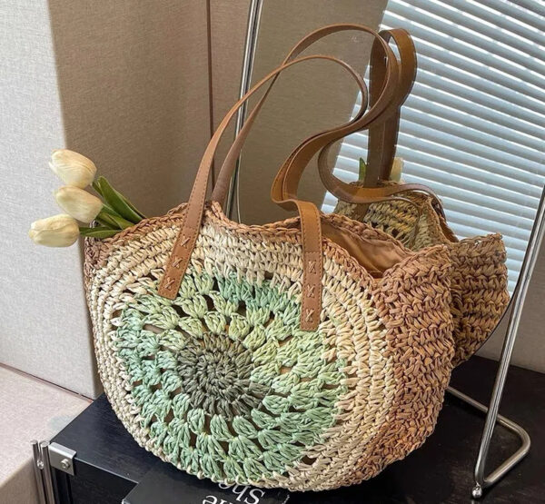 Paper rope hollow out colorful round plate grass woven bag casual beach bag one shoulder fashionable woven bag