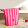 New Pink Striped Strawberry Cat Insulated Cute Lunch Handbag  Large Capacity Folding Roll Bento Bag Picnic Food Fresh Cooler Bag