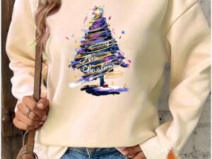 Women'S Festive Christmas Tree Print Pullover Sweatshirt, Po
