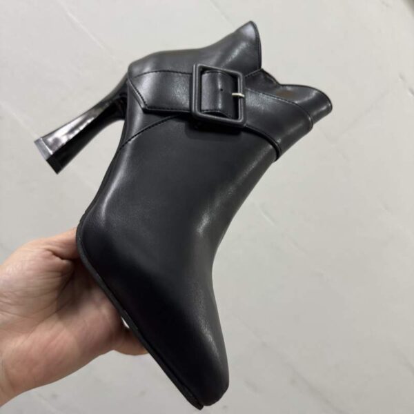 Faux Leather Pointed Toe High Heel Ankle Boots with Buckle Detail for Women