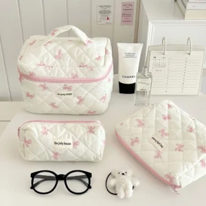 552161235 Cute Bow Flower Quilting Cotton Makeup Bag Women Zipper Cosmetic Organizer Female Cloth Handbag Portable Toiletry Case for Girls