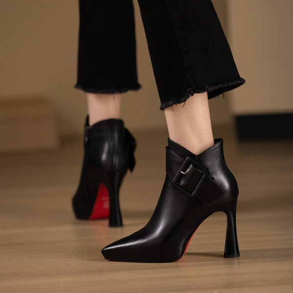 Faux Leather Pointed Toe High Heel Ankle Boots with Buckle Detail for Women